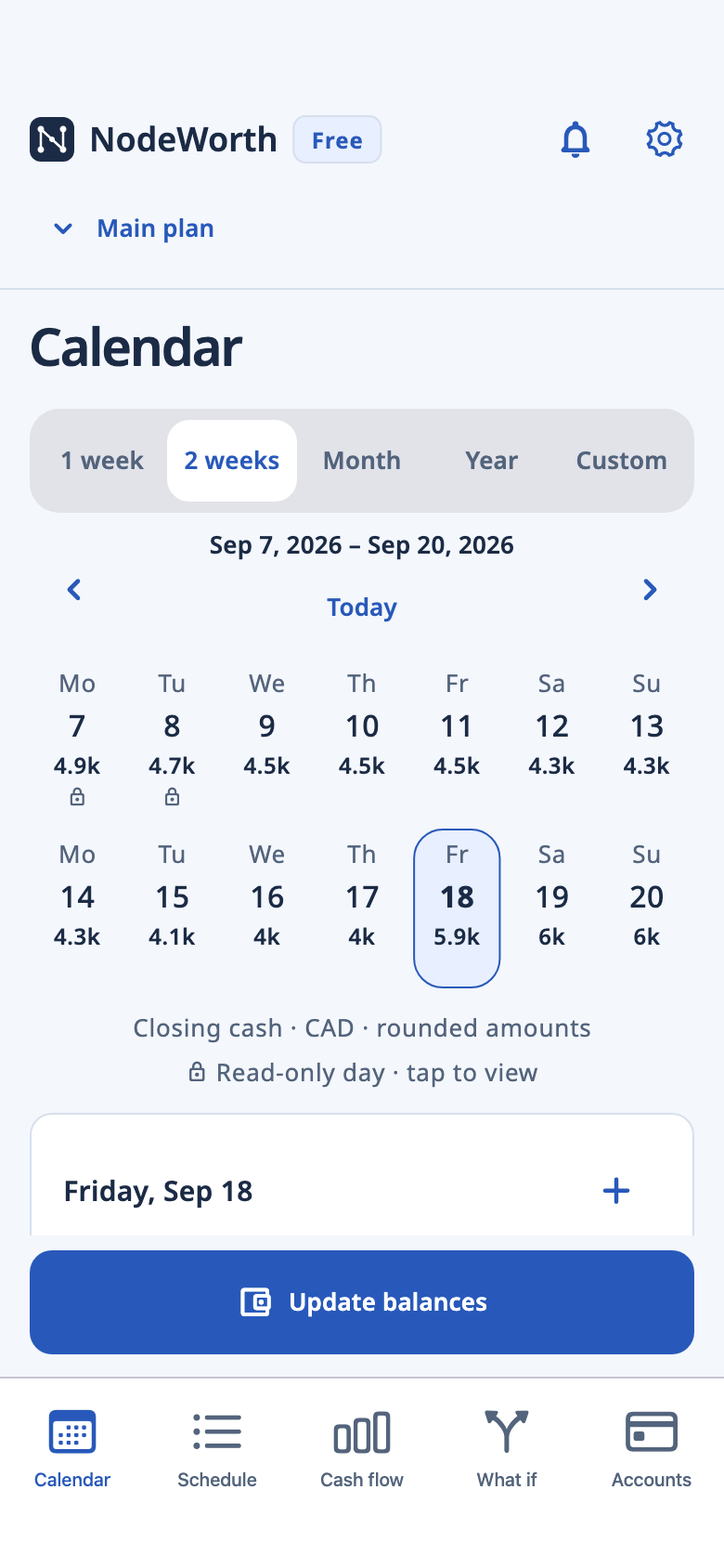 NodeWorth Calendar showing two weeks of closing cash by date using fictional example balances.